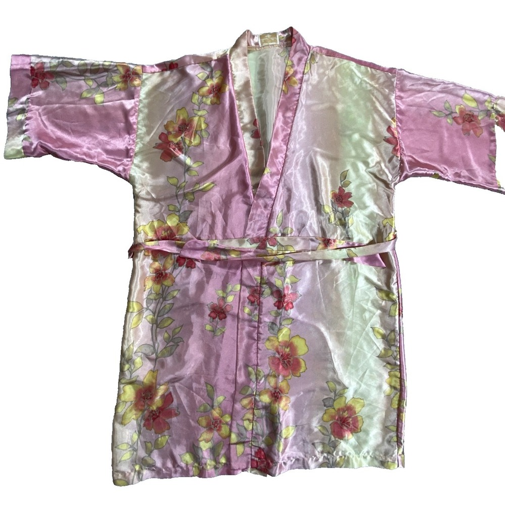 Inner Most Kimono Robe Womens XL Multicolor Floral Satin Short Sleeve Waist Belt